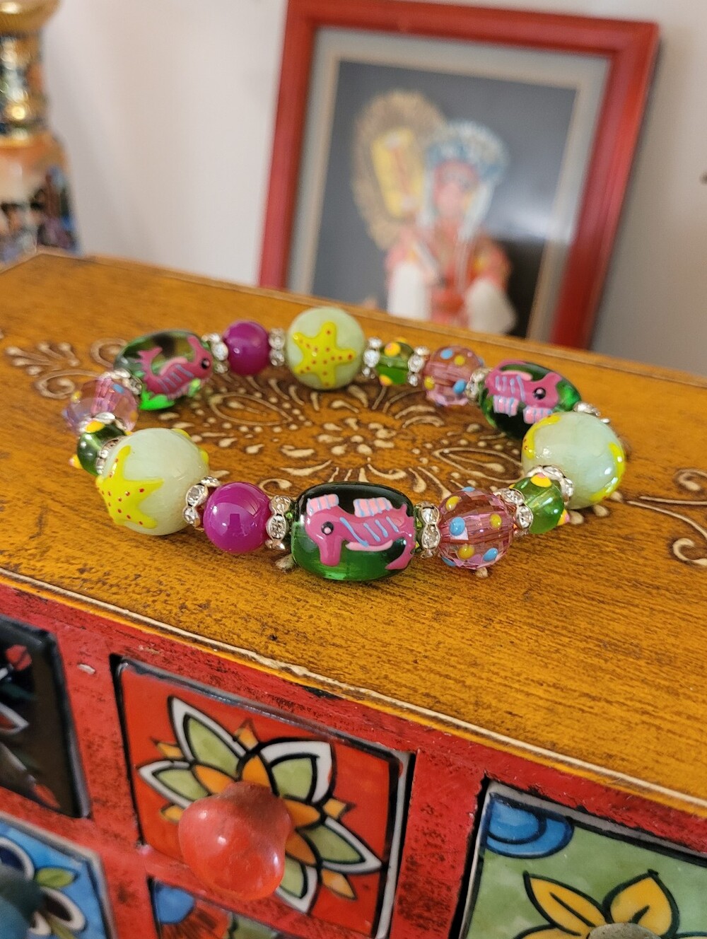 Kate And Macy Seahorse Starfish Green Pink Mermaidcore Beaded Bracelet